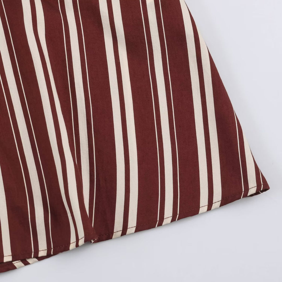 Damen Gestreiftes Hemdblusenkleid mit Kontrastkragen, Dreiviertelärmeln und Taillengürtel Nord Taschen