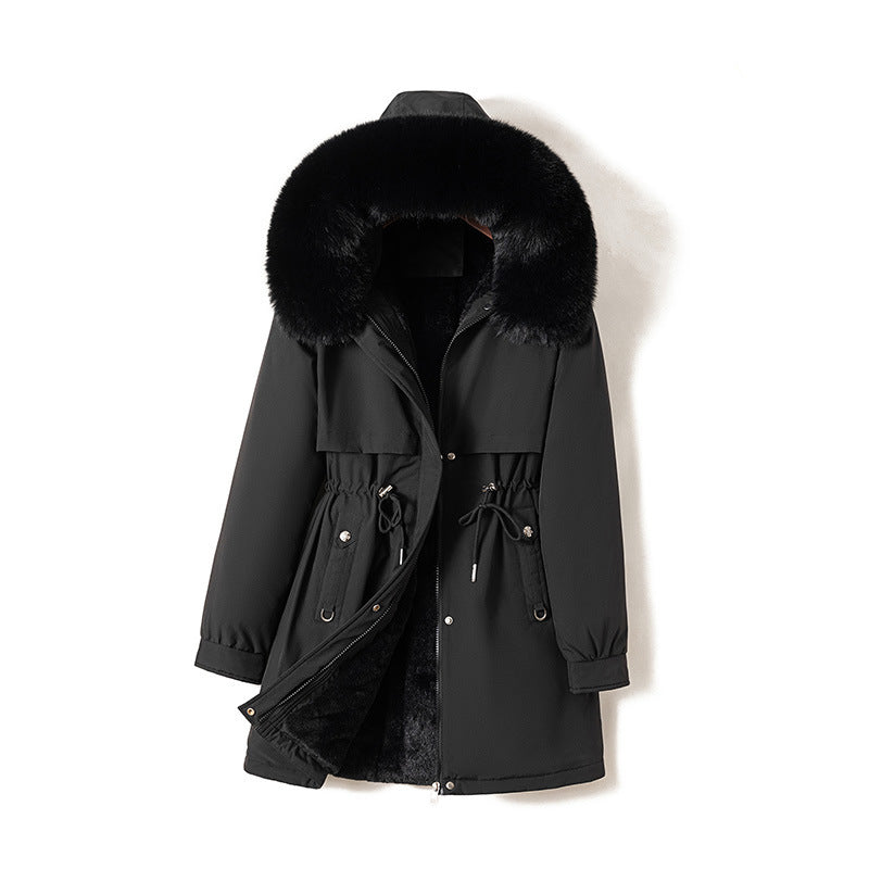 Damen nan moderner Thermoparka im Clean‑Look mit Oversize‑Fellkapuze, innenweichem Teddyfutter und verstellbarer Taille Nord Taschen