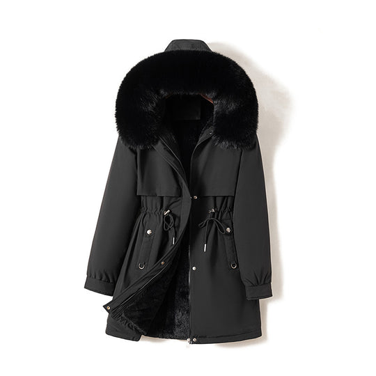 Damen nan moderner Thermoparka im Clean‑Look mit Oversize‑Fellkapuze, innenweichem Teddyfutter und verstellbarer Taille Nord Taschen