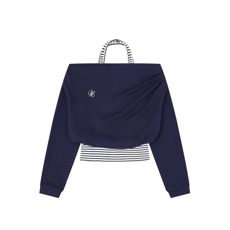 Damen Cropped Lagen-Hoodie mit integriertem Streifen-Untershirt, Kapuze und legerem Raglan-Schnitt Nord Taschen