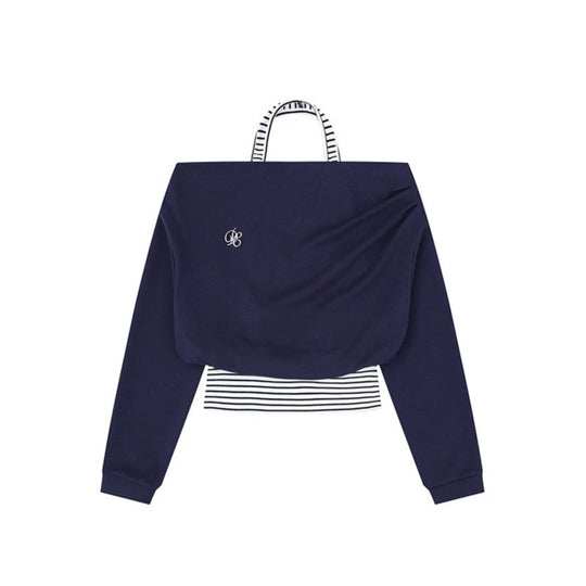 Damen Cropped Lagen-Hoodie mit integriertem Streifen-Untershirt, Kapuze und legerem Raglan-Schnitt Nord Taschen