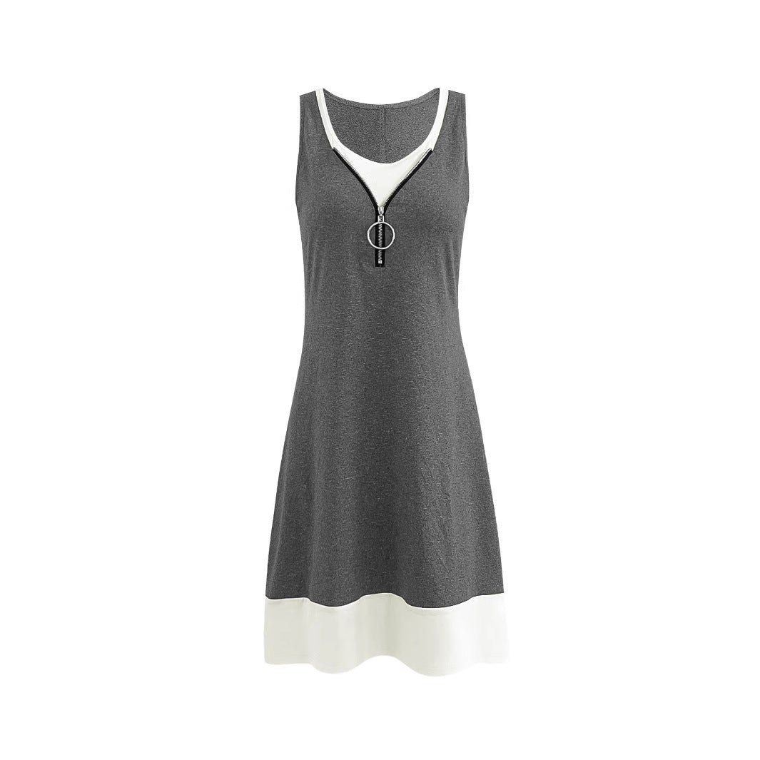 Damen ärmelloses Sommerkleid mit modischem Reißverschluss und Kontrastdetails
