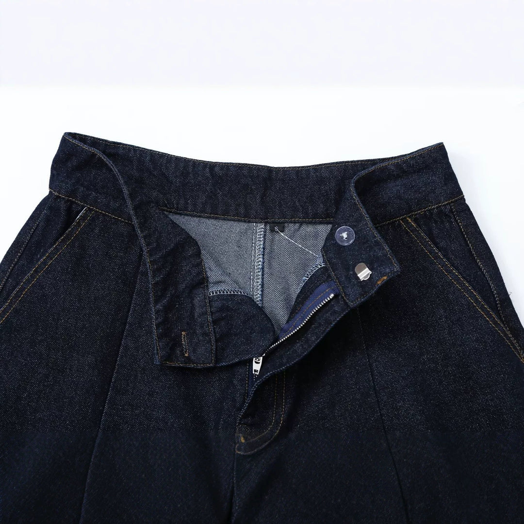Damen Hochtaillierte weite Denim-Hose mit Bundfalten und zentraler Bügelfalte Nord Taschen