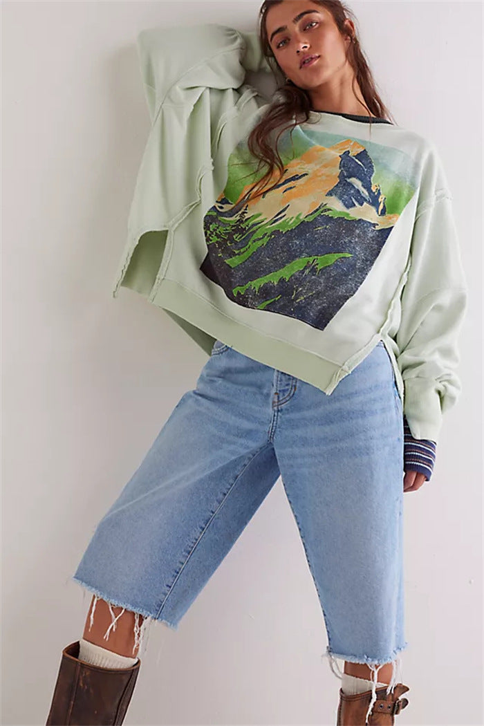 Damen oversized Sweatshirt mit Rüben-Print, ausgefransten Nahtakzenten und Daumenlochärmeln Nord Taschen