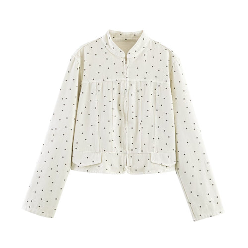 Damen Gepunktete Cropped-Jacke mit Stehkragen, Reißverschluss und aufgesetzten Taschen Nord Taschen