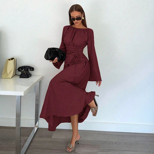 Damen Maxikleid mit geraffter Taillen-Schnürung und Glockenärmeln Nord Taschen