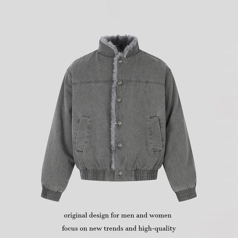 Damen gefütterte Denim-Bomberjacke mit Teddykragen und elastischem Saum Nord Taschen