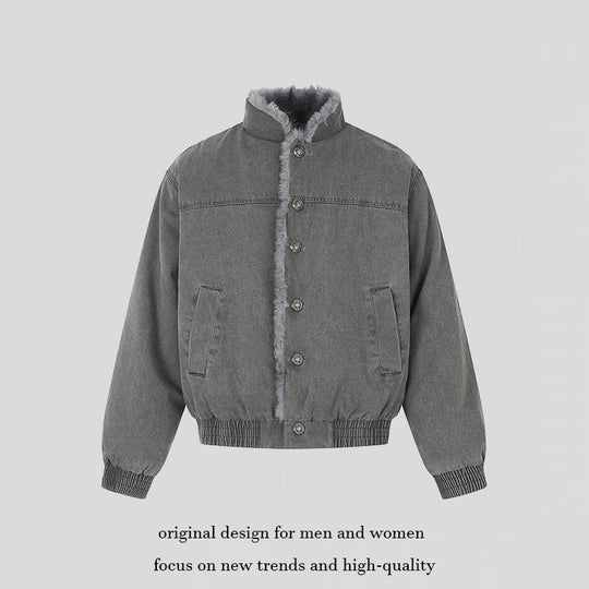 Damen gefütterte Denim-Bomberjacke mit Teddykragen und elastischem Saum Nord Taschen