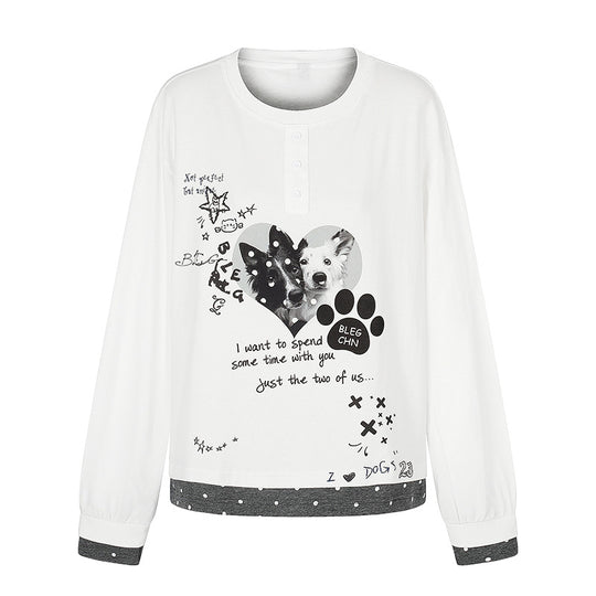 Damen Loungewear-Longsleeve mit Hündchen-Print, Henley-Knopfleiste und gepunktetem Saum Nord Taschen