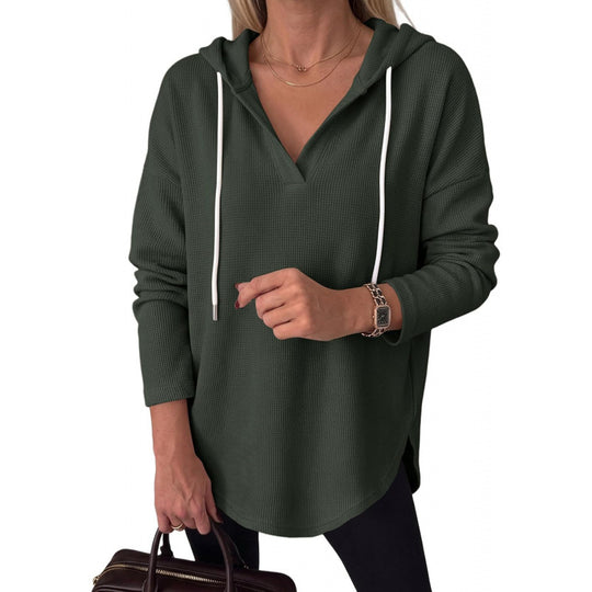 Damen Waffelstrick-Kapuzenpullover mit V-Ausschnitt, Oversize-Schnitt und Seitenschlitzen Nord Taschen
