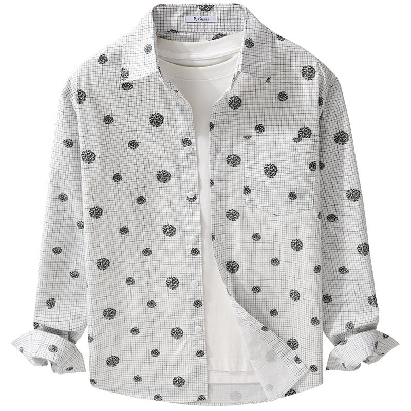 Herren leichtes Langarm-Overshirt im Hemdjacken-Stil mit feinem Karodessin und floralem Allover Nord Taschen