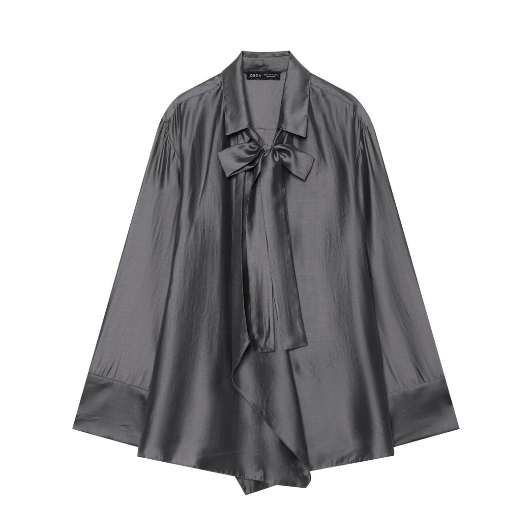 Damen Oversize-Seidenoptik-Bluse mit Schleifenkragen und asymmetrischem Saum Nord Taschen