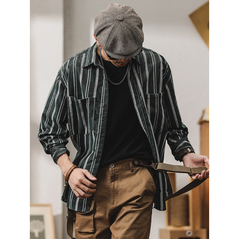 Herren Gestreiftes Overshirt-Hemd aus Baumwoll-Leinen mit Brusttaschen Nord Taschen