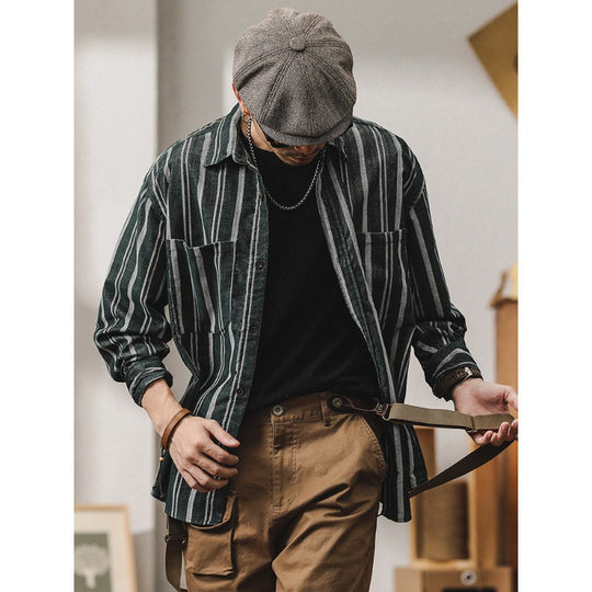 Herren Gestreiftes Overshirt-Hemd aus Baumwoll-Leinen mit Brusttaschen Nord Taschen