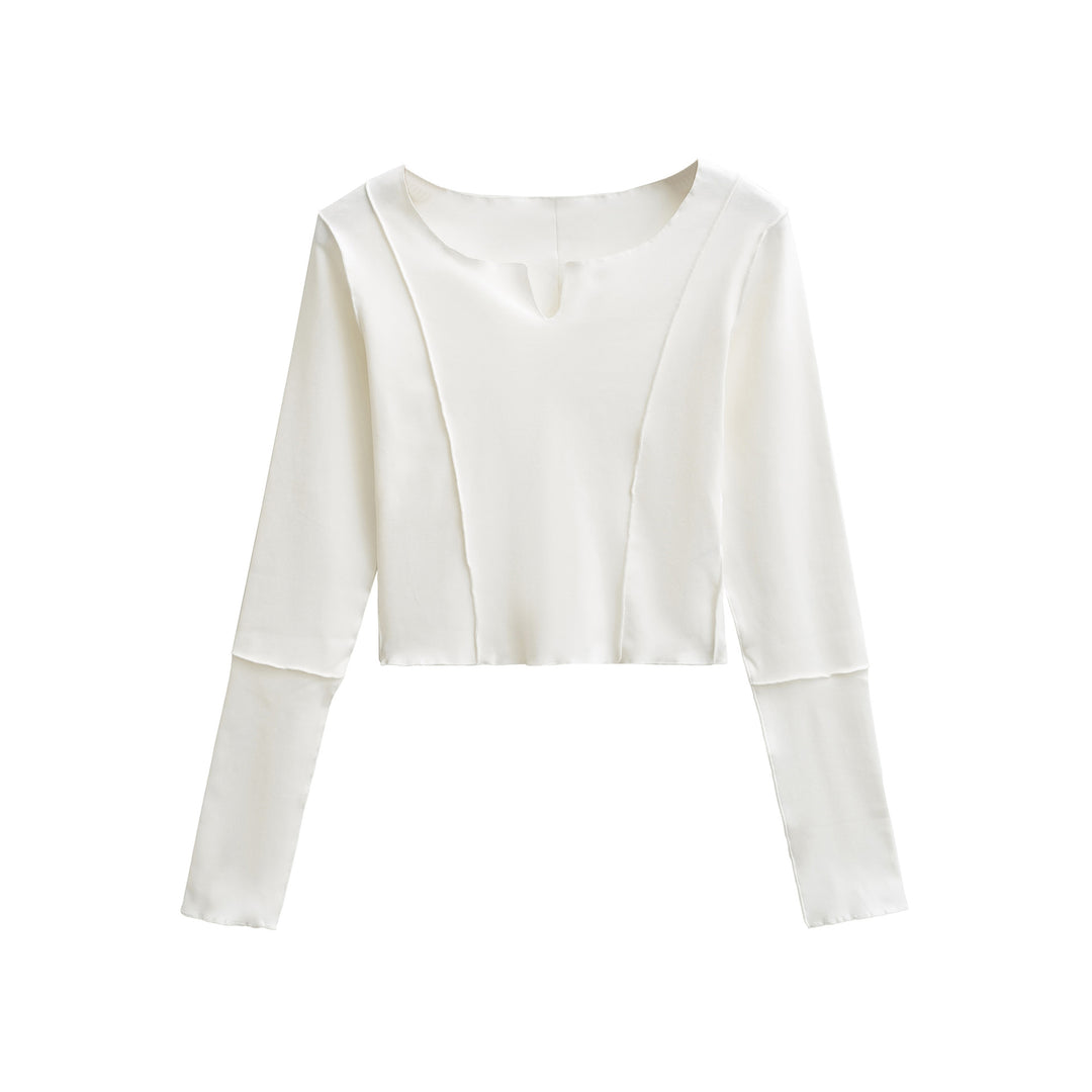 Damen Kurzes Langarmshirt mit sichtbaren Rollnähten und Notch-Ausschnitt Nord Taschen
