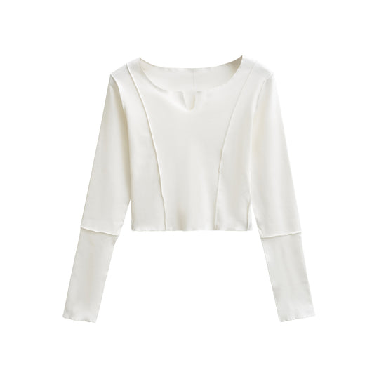 Damen Kurzes Langarmshirt mit sichtbaren Rollnähten und Notch-Ausschnitt Nord Taschen
