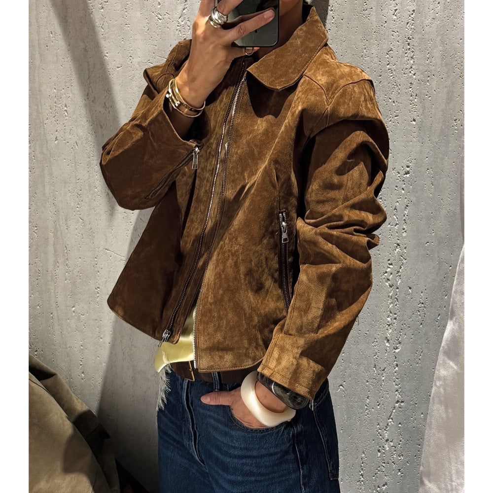 Damen Cropped Velourslederjacke mit Hemdkragen, Reißverschluss und Zipp-Taschen Nord Taschen