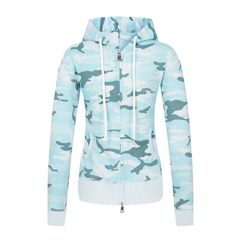 Damen Kapuzen-Sweatjacke mit zweiseitigem Reißverschluss, Camouflage-Print und Strass‑Schmetterling Nord Taschen
