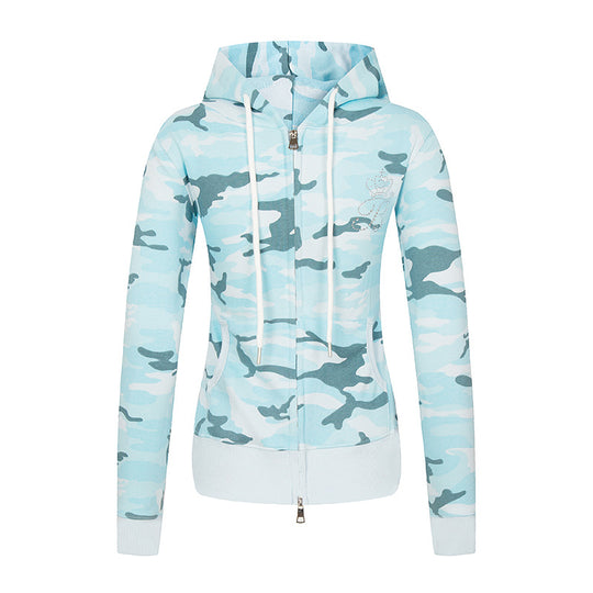 Damen Kapuzen-Sweatjacke mit zweiseitigem Reißverschluss, Camouflage-Print und Strass‑Schmetterling Nord Taschen