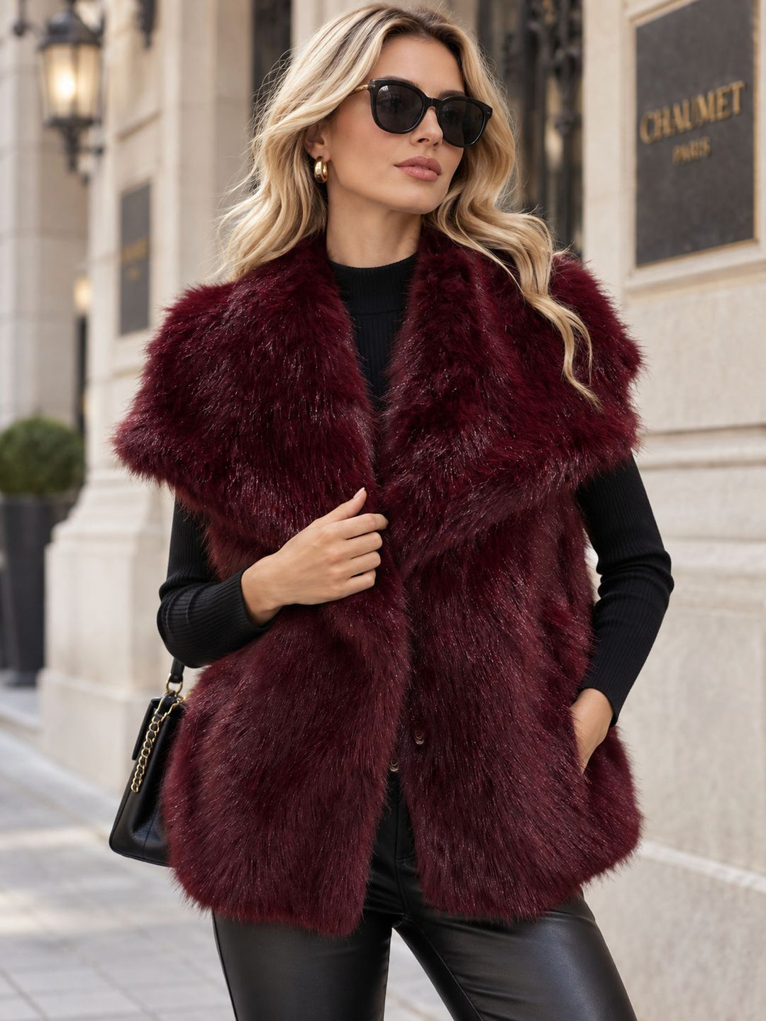 Damen Ärmellose Luxus‑Faux‑Fur‑Weste mit extraweichem Langflor und übergroßem Schalkragen Nord Taschen