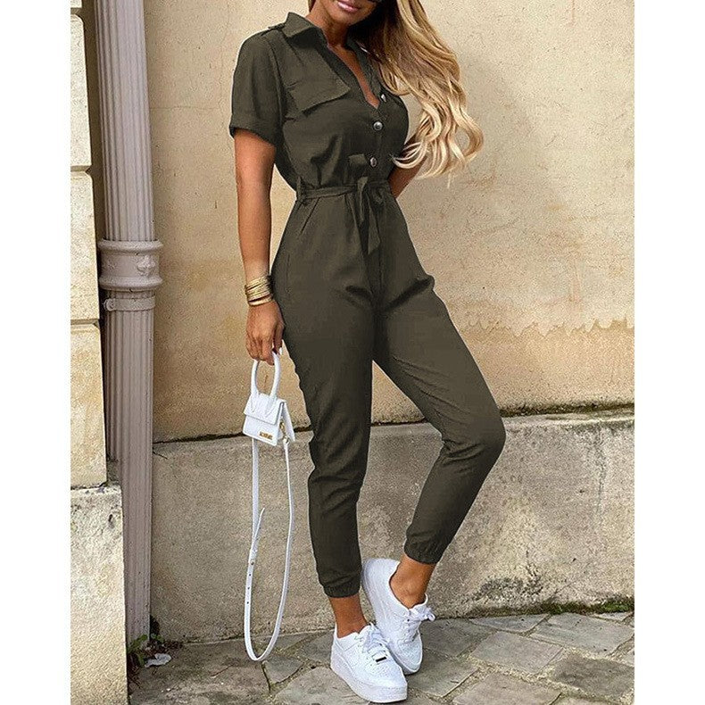 Damen Kurzarm-Utility-Overall mit Taillenbindegürtel und schmalem Joggerbein Nord Taschen