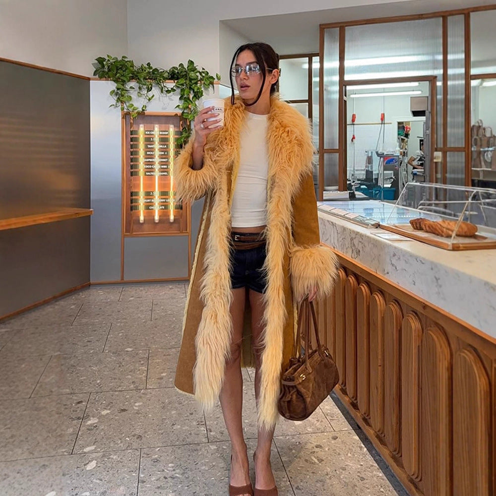 Damen Langer Shearling‑Imitatmantel mit voluminösem Schalkragen und Plüschmanschetten Nord Taschen
