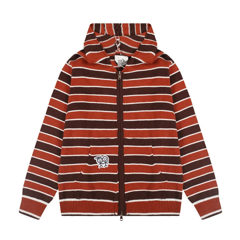 Damen Kapuzen‑Strickjacke mit durchgehendem Reißverschluss, gestreifter Struktur und Stickdetail Nord Taschen