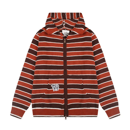 Damen Kapuzen‑Strickjacke mit durchgehendem Reißverschluss, gestreifter Struktur und Stickdetail Nord Taschen