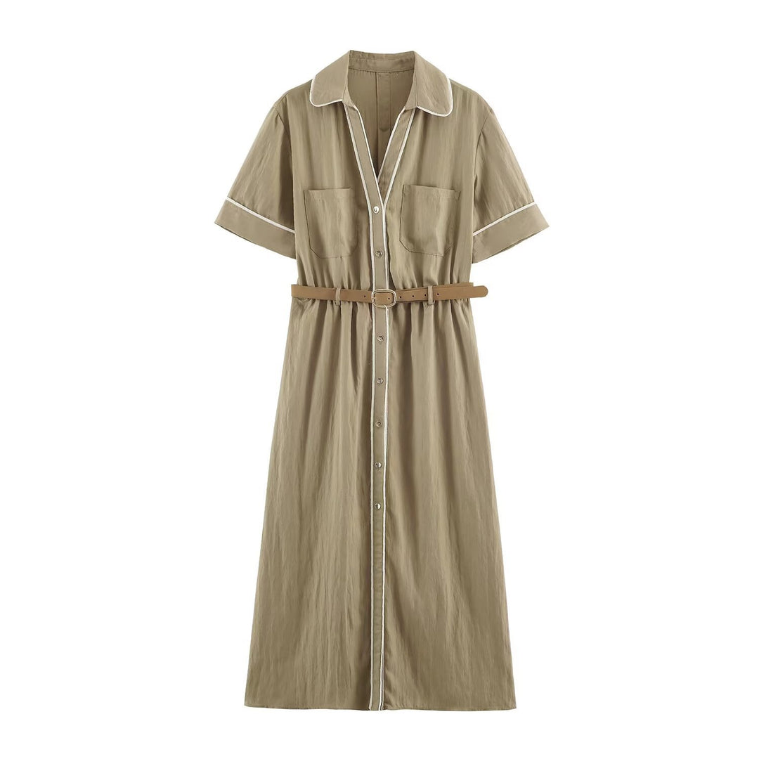 Damen Hemdblusenkleid mit Kontrastpaspel und Taillengürtel Nord Taschen
