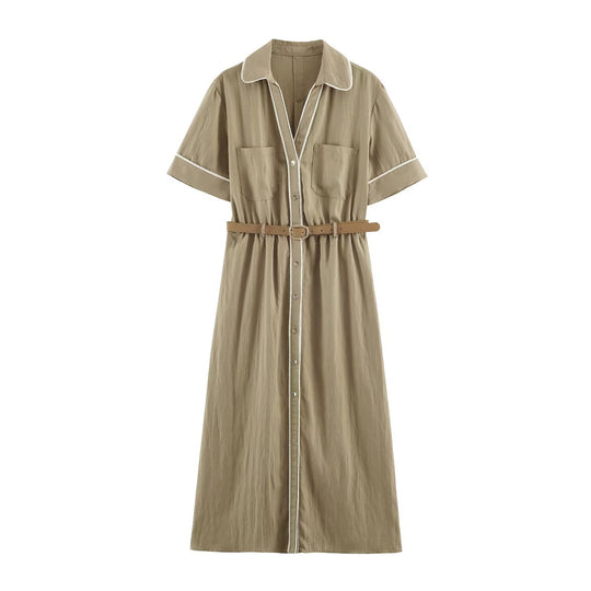 Damen Hemdblusenkleid mit Kontrastpaspel und Taillengürtel Nord Taschen