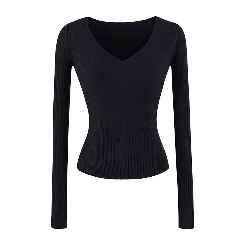 Damen Taillierter Rippstrick-Pullover mit V-Ausschnitt und formgebender Struktur Nord Taschen