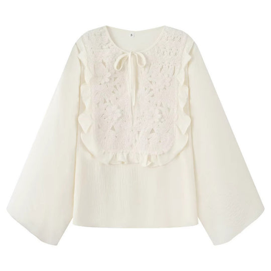 Damen Romantische Bluse mit floraler Stickerei, Volant-Bib und weiten Glockenärmeln Nord Taschen