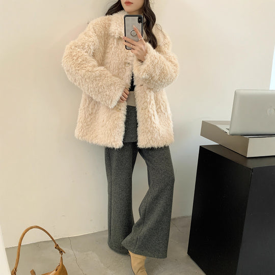 Damen Flauschiger Teddy-Mantel aus Kunstfell mit Hemdkragen und Boxy‑Silhouette Nord Taschen