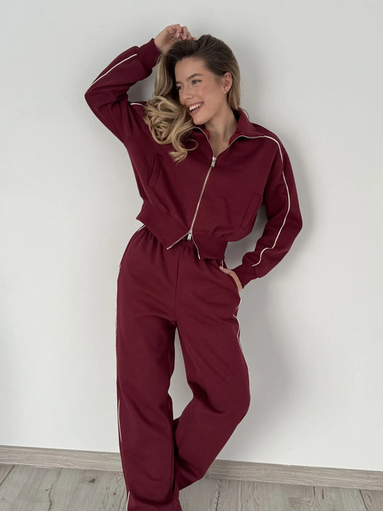 Damen lockerer Zip-Trainingsanzug mit kontrastpaspel, weitem Bein und elastischem Tunnelzugbund Nord Taschen