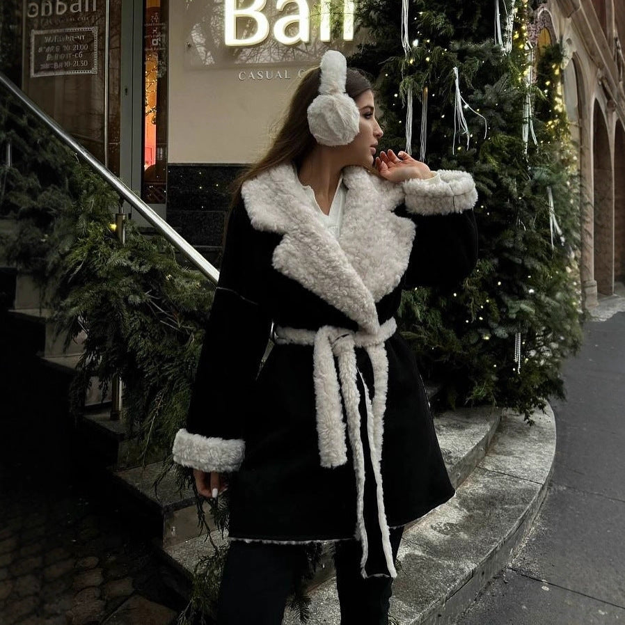 Damen Kurzer Oversized Wintermantel mit Teddy-Futter und Taillengürtel Nord Taschen