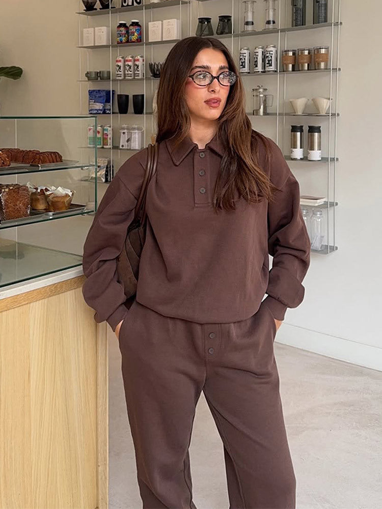 Damen Lässiges Polo-Sweatset aus Bio-Baumwollfleece mit Oversize-Pulli und High-Waist Jogger Nord Taschen