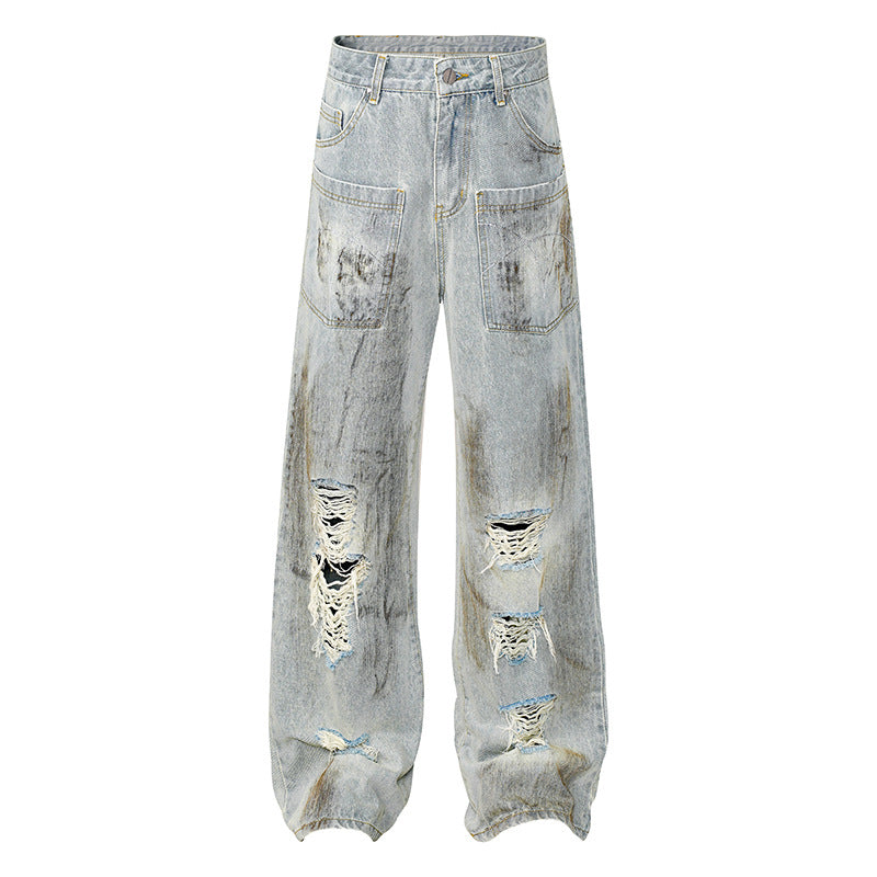 Damen Weite High‑Waist Destroyed Denim‑Palazzo‑Jeans mit aufgesetzten Taschen Nord Taschen