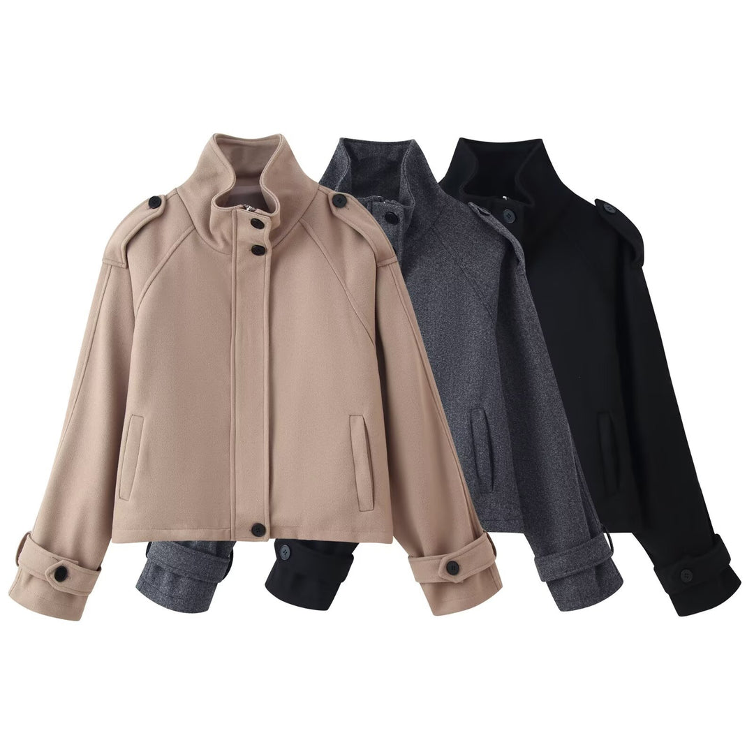 Damen 90+ kurzgeschnitteter Wollmix‑Blouson mit Funnelkragen und Taillierungsdetails Nord Taschen