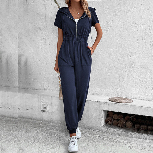 Damen moderner Kurzarm-Jumpsuit mit praktischen Taschen und Kapuze
