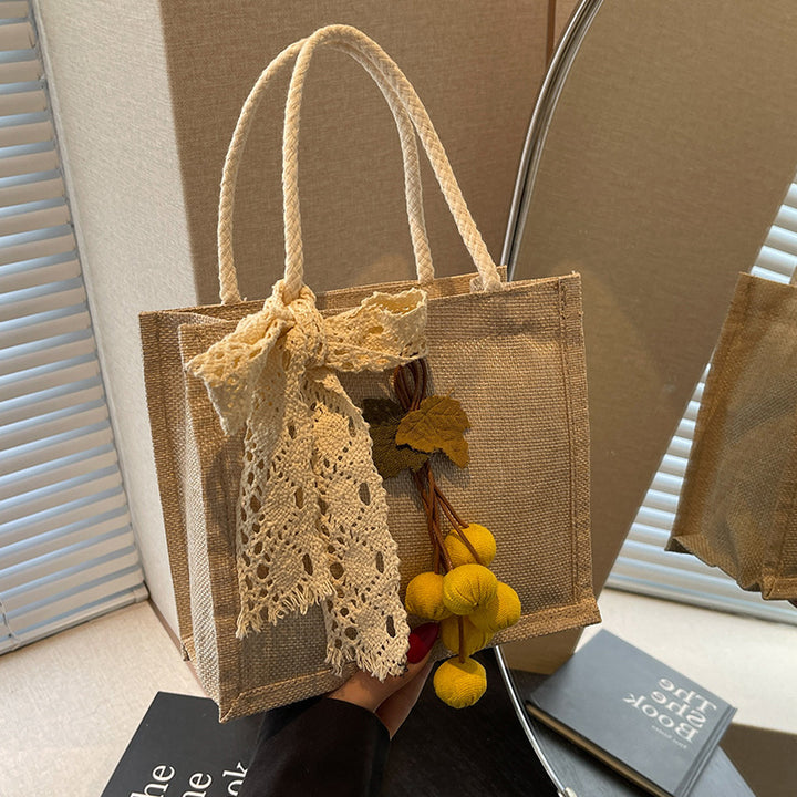 Damen Jute-Tasche mit dekorativem Spitzenband und verspielter Applikation Nord Taschen