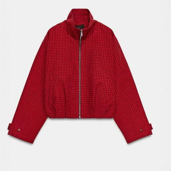 Damen Cropped Bomberjacke mit Stehkragen, Karomuster und elastischem Saum Nord Taschen