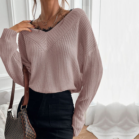 Damen Eleganter Strickpullover mit V-Ausschnitt und großem Muster Nord Taschen