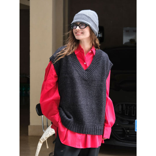 Damen Weite Flauschige V‑Neck Strickweste im Mohair‑Look Nord Taschen