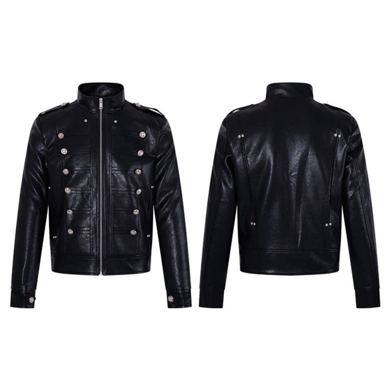 Herren Militärisch inspirierte Kunstlederjacke mit Stehkragen, Zierknopfreihe und Schulterpatten Nord Taschen