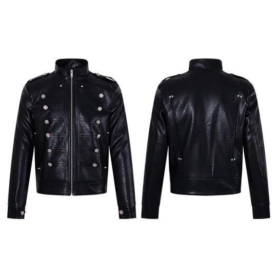 Herren Militärisch inspirierte Kunstlederjacke mit Stehkragen, Zierknopfreihe und Schulterpatten Nord Taschen