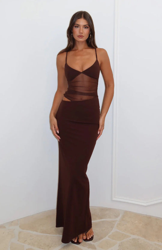 Damen Elegantes Stretch-Maxikleid mit transparenten Einsätzen und spaghetti Trägern