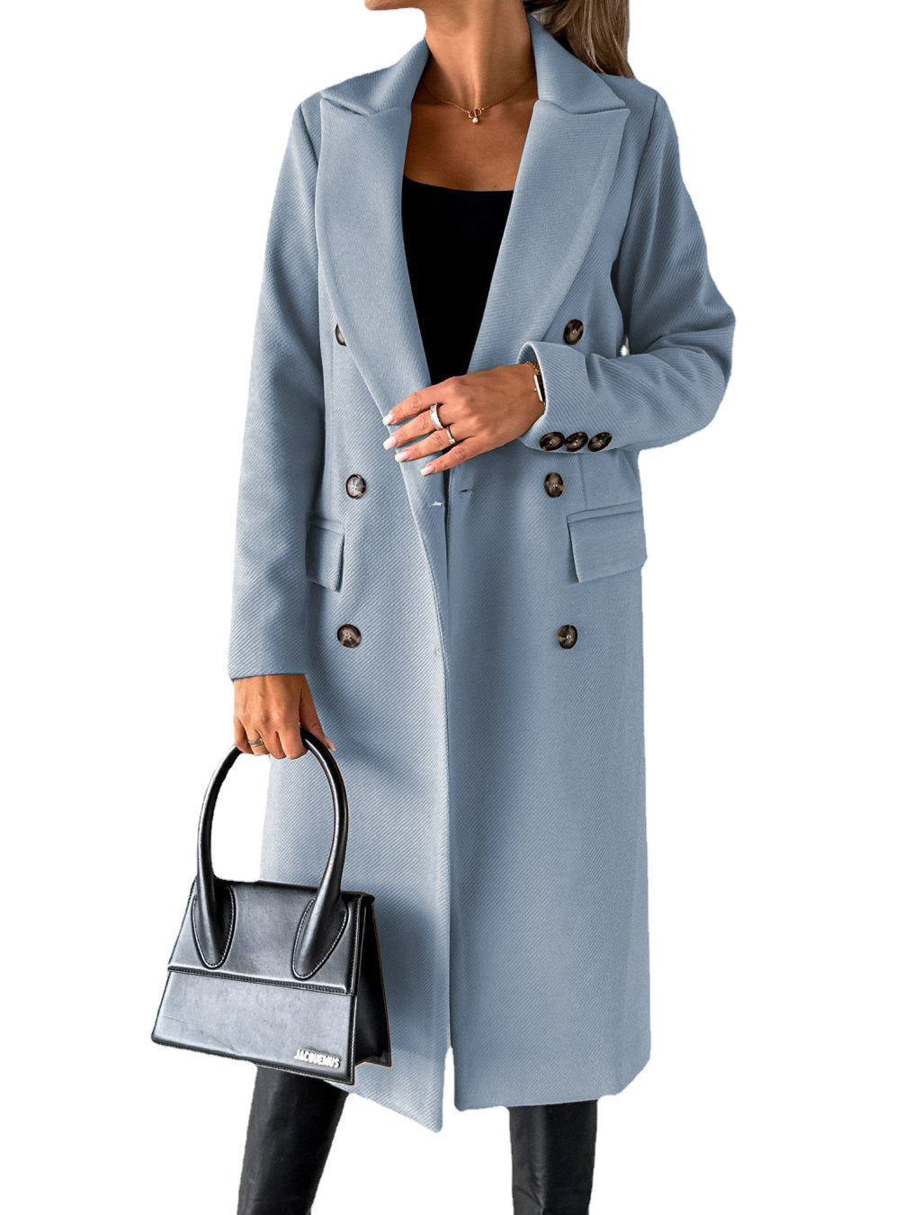 Damen Doppelreihiger Wollmantel im Longline‑Schnitt mit Reverskragen und Pattentaschen Nord Taschen