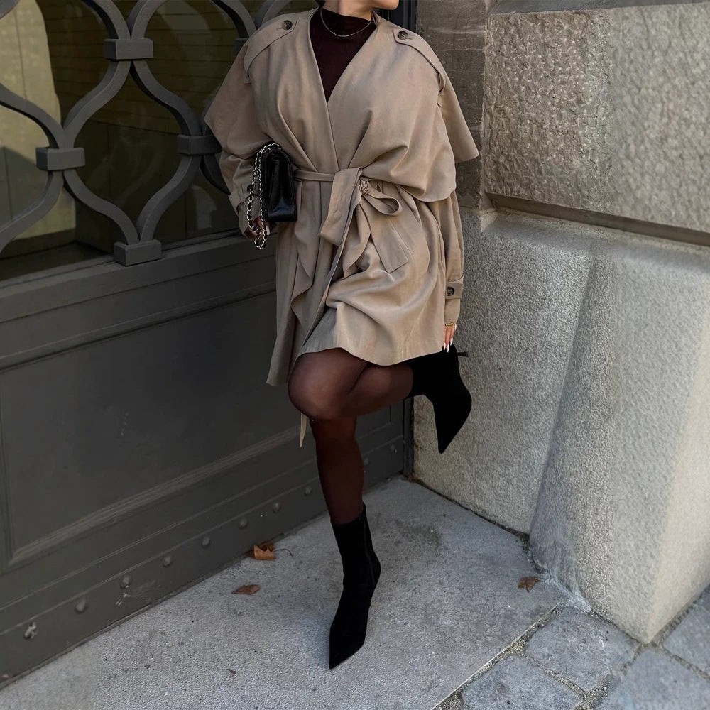 Damen Kurzer Asymmetrischer Wickelmantel mit Volant-Overlay und Bindegürtel Nord Taschen