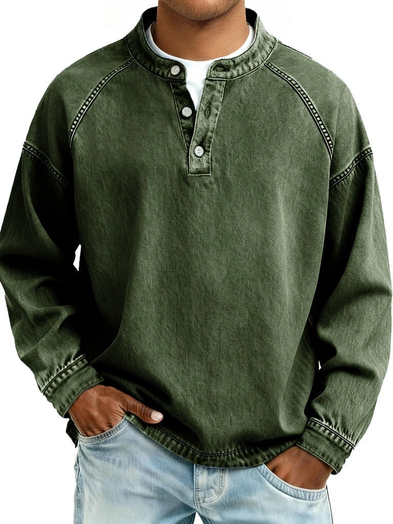 Herren Langarm-Henley Sweatshirt mit Stehkragen und Vintage-Denim-Effekt Nord Taschen