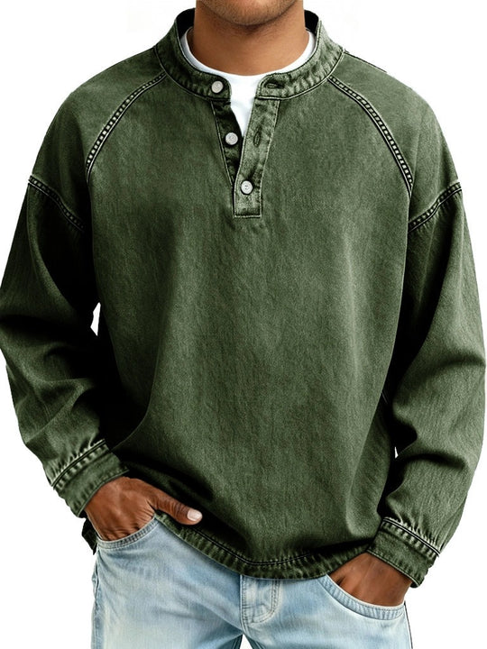 Herren Langarm-Henley Sweatshirt mit Stehkragen und Vintage-Denim-Effekt Nord Taschen
